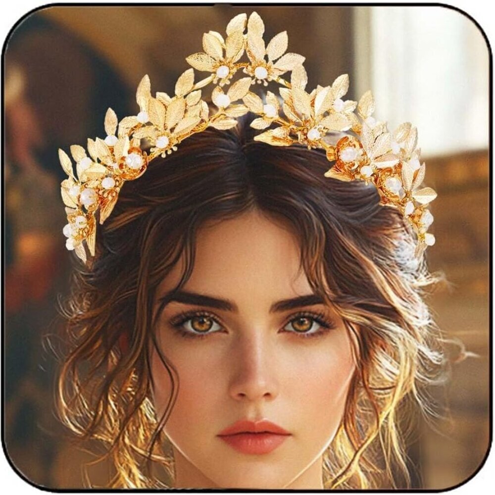 Gold Leaf Bridal Tiara Rhinestones Wedding Crown Headpiece for Women